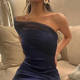 Elegant Sheath One Shoulder Navy Blue Slit Satin Prom Dresses Formal Summer Wedding Guest Dresses Wedding Guest Outfits HZ1121