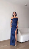Pretty Mermaid Off The Shoulder Navy Blue Split Evening Party Dresses Formal Summer Wedding Guest Dresses Wedding Guest Outfits HZ1121