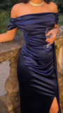 Pretty Mermaid Off The Shoulder Navy Blue Split Evening Dresses Formal Summer Wedding Guest Dresses Wedding Guest Outfits HZ1121