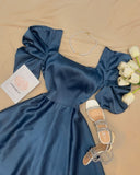 Gorgeous A line Square Neck Satin Navy Blue Evening Dress Prom Dresses Formal Summer Wedding Guest Dresses Wedding Guest Outfits HZ1121