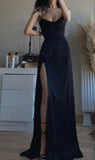 Gorgeous A line Spaghetti Straps Slit Black Evening Dress Prom Dresses Formal Summer Wedding Guest Dresses Wedding Guest Outfits HZ1121