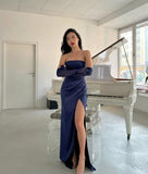 Pretty Mermaid Strapless Navy Blue Slit Evening Party Dresses Formal Summer Wedding Guest Dresses With Gloves Wedding Guest Outfits HZ1121
