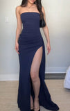 Pretty Mermaid Strapless Navy Blue Slit Evening Dresses Formal Summer Wedding Guest Dresses Wedding Guest Outfits HZ1121