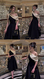 Gorgeous A line One Shoulder Black Satin Prom Dresses Formal Summer Wedding Guest Dresses Wedding Guest Outfits HZ1121