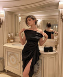 Gorgeous Sheath Off The Shoulder Black Satin Prom Dresses Formal Summer Wedding Guest Dresses Wedding Guest Outfits HZ1121