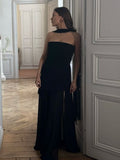 Simple A line Strapless Black Satin Prom Dresses With Scarf Formal Summer Wedding Guest Dresses Wedding Guest Outfits HZ1121