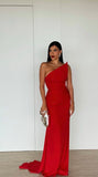 Simple Sheath Strapless Red Satin Prom Dresses Formal Summer Wedding Guest Dresses Wedding Guest Outfits HZ1121