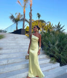 Simple Sheath One Shoulder Backless Yellow Prom Dresses Formal Summer Wedding Guest Dresses Wedding Guest Outfits HZ1121