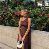 Simple A line One Shoulder Brown Prom Dresses Formal Summer Wedding Guest Dresses Wedding Guest Outfits HZ1121