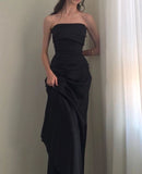 Simple Sheath Strapless Sleeveless Black Satin Prom Dresses Formal Summer Wedding Guest Dresses Wedding Guest Outfits HZ1121
