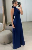 Sexy A line High Neck Royal Blue Satin Prom Dresses Formal Summer Wedding Guest Dresses Wedding Guest Outfits HZ1121