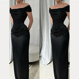 Sexy A line Off The Shoulder Black Satin Prom Dresses Formal Summer Wedding Guest Dresses Wedding Guest Outfits HZ1121
