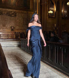 Sexy Sheath Off The Shoulder Navy Blue Satin Prom Dresses Formal Summer Wedding Guest Dresses Wedding Guest Outfits HZ1121