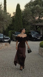Sexy Sheath Off The Shoulder Brown Satin Prom Dresses Formal Summer Wedding Guest Dresses Wedding Guest Outfit HZ1121