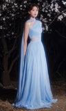 Classy A line One Shoulder Blue Chiffon Prom Dresses Formal Summer Wedding Guest Dresses Wedding Guest Outfit HZ1121