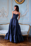 Sexy Ball Gown Spaghetti Straps Navy Blue Satin Prom Dresses Formal Summer Wedding Guest Dress Wedding Guest Outfits HZ1121
