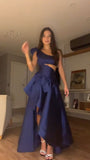 Classy High Low One Shoulder Blue Prom Dresses Formal Summer Wedding Guest Dresses Wedding Guest Outfit HZ1121