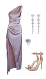 Trendy A line One Shoulder Pink Slit Prom Dresses Formal Summer Wedding Guest Dresses Wedding Guest Outfit HZ1121