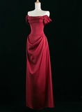 Elegant A line Off The Shoulder Burgundy Satin Prom Dresses Formal Summer Wedding Guest Dresses Wedding Guest Outfits HZ1121