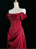 Elegant A line Off The Shoulder Burgundy Satin Prom Dresses Formal Summer Wedding Guest Dresses Wedding Guest Outfits HZ1121