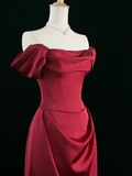 Elegant A line Off The Shoulder Burgundy Satin Prom Dresses Formal Summer Wedding Guest Dresses Wedding Guest Outfits HZ1121