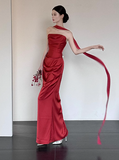 Gorgeous Sheath Strapless Burgundy Satin Prom Dresses Formal Summer Wedding Guest Dresses Wedding Guest Outfits With Scarf HZ1121