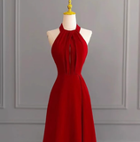 Classy A line Halter Sleeveless Satin Prom Dresses Red Summer Wedding Guest Dresses Wedding Guest Outfits HZ1121