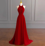 Classy A line Halter Sleeveless Satin Prom Dresses Red Summer Wedding Guest Dresses Wedding Guest Outfits HZ1121