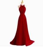 Classy A line Halter Sleeveless Satin Prom Dresses Red Summer Wedding Guest Dresses Wedding Guest Outfits HZ1121