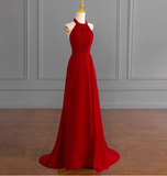 Classy A line Halter Sleeveless Satin Prom Dresses Red Summer Wedding Guest Dresses Wedding Guest Outfits HZ1121