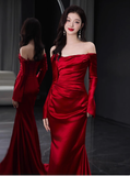 Elegant Mermaid Off The Shoulder Burgundy Satin Prom Dresses Formal Summer Wedding Guest Dresses Wedding Guest Outfits HZ1121