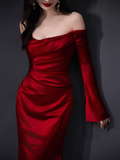 Elegant Mermaid Off The Shoulder Burgundy Satin Prom Dresses Formal Summer Wedding Guest Dresses Wedding Guest Outfits HZ1121