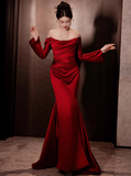 Elegant Mermaid Off The Shoulder Burgundy Satin Prom Dresses Formal Summer Wedding Guest Dresses Wedding Guest Outfits HZ1121