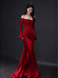 Elegant Mermaid Off The Shoulder Burgundy Satin Prom Dresses Formal Summer Wedding Guest Dresses Wedding Guest Outfits HZ1121