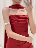 Pretty Sheath Strapless Burgundy Satin Prom Dresses Formal Summer Wedding Guest Dresses Wedding Guest Outfits With Scarf HZ1121