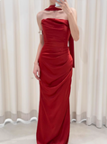 Pretty Sheath Strapless Burgundy Satin Prom Dresses Formal Summer Wedding Guest Dresses Wedding Guest Outfits With Scarf HZ1121