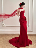 Pretty Mermaid Strapless Burgundy Satin Prom Dresses Formal Summer Wedding Guest Dresses Wedding Guest Outfits With Scarf HZ1121