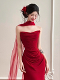 Pretty Mermaid Strapless Burgundy Satin Prom Dresses Formal Summer Wedding Guest Dresses Wedding Guest Outfits With Scarf HZ1121
