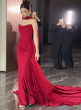 Pretty Mermaid Strapless Burgundy Satin Prom Dresses Formal Summer Wedding Guest Dresses Wedding Guest Outfits With Scarf HZ1121