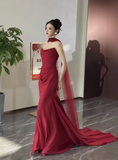 Pretty Mermaid Strapless Burgundy Satin Prom Dresses Formal Summer Wedding Guest Dresses Wedding Guest Outfits With Scarf HZ1121