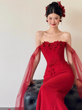 Pretty Mermaid Strapless Burgundy Prom Dresses Formal Summer Wedding Guest Dresses Wedding Guest Outfits HZ1121