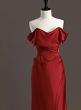 Elegant Sheath Off The Shoulder Red Satin Prom Dresses Formal Summer Wedding Guest Dresses Wedding Guest Outfits HZ1121