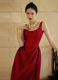 Elegant Sheath Square Neck Red Satin Prom Dresses Summer Wedding Guest Dresses Wedding Guest Outfits HZ1121