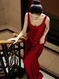 Elegant Sheath Square Neck Red Satin Prom Dresses Summer Wedding Guest Dresses Wedding Guest Outfits HZ1121