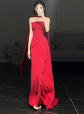 Gorgeous Sheath Strapless Red Satin Prom Dresses Formal Summer Wedding Guest Dresses Wedding Guest Outfits HZ1121