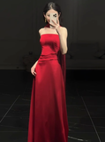 Gorgeous Sheath Strapless Red Satin Prom Dresses Formal Summer Wedding Guest Dresses Wedding Guest Outfits HZ1121