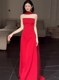 Gorgeous Sheath Strapless Red Satin Prom Dresses Formal Summer Wedding Guest Dresses Wedding Guest Outfits HZ1121