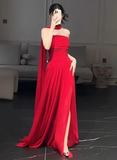 Gorgeous Sheath Strapless Red Chiffon Slit Prom Dresses Formal Summer Wedding Guest Dresses Wedding Guest Outfits HZ1121