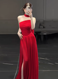 Gorgeous Sheath Strapless Red Chiffon Slit Prom Dresses Formal Summer Wedding Guest Dresses Wedding Guest Outfits HZ1121