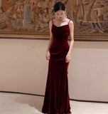Elegant Sheath Spaghetti Straps Burgundy Velvet Prom Dresses Formal Summer Wedding Guest Dresses Wedding Guest Outfits HZ1121